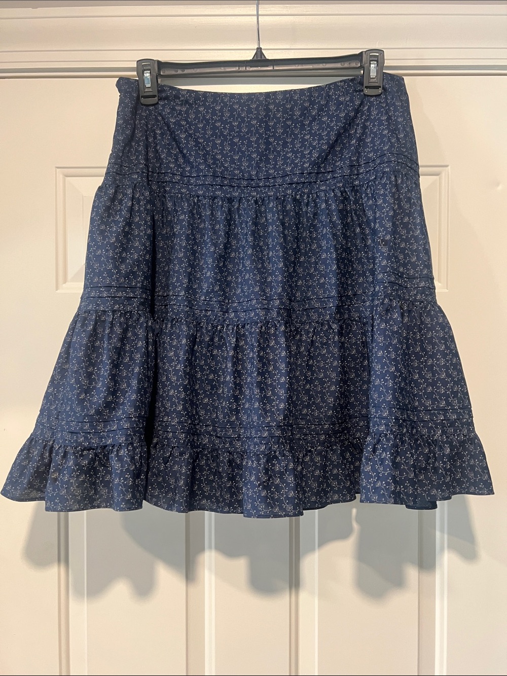 Chaps Navy Floral Tiered Ruffle Midi Skirt Sz 14 Boho Prairie Beach Preppy - Picture 2 of 12